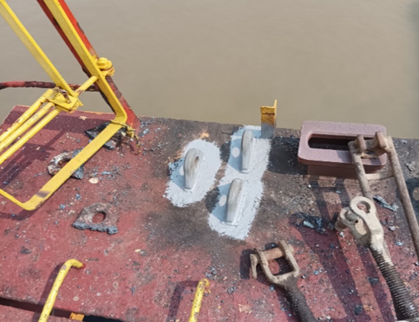 repair on deck - renewal lashing eye for container ship in Vietnam.